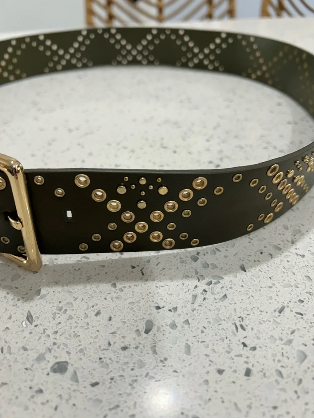NWOT Rebecca Minkoff Olive Green Leather Studded Grommet Gold Hardware Belt - L